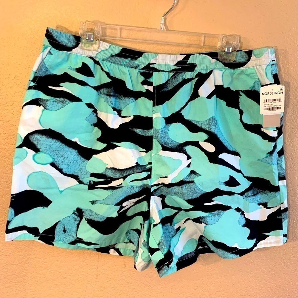 NWT BP Shorts Large Teal Black White Wave Design 100% Cotton Unlined Beach New